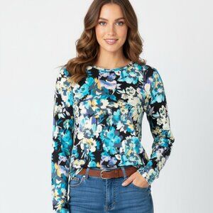 Chico's NWT XL (Size 3) Black Multi-Color Floral Print "Touch of Cool" Knit Tee